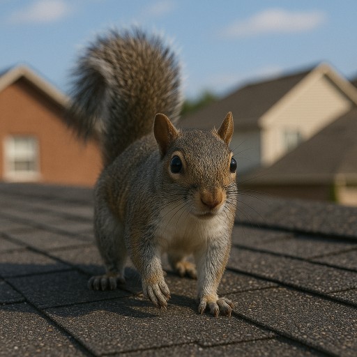 squirrel sitting on residential roof.