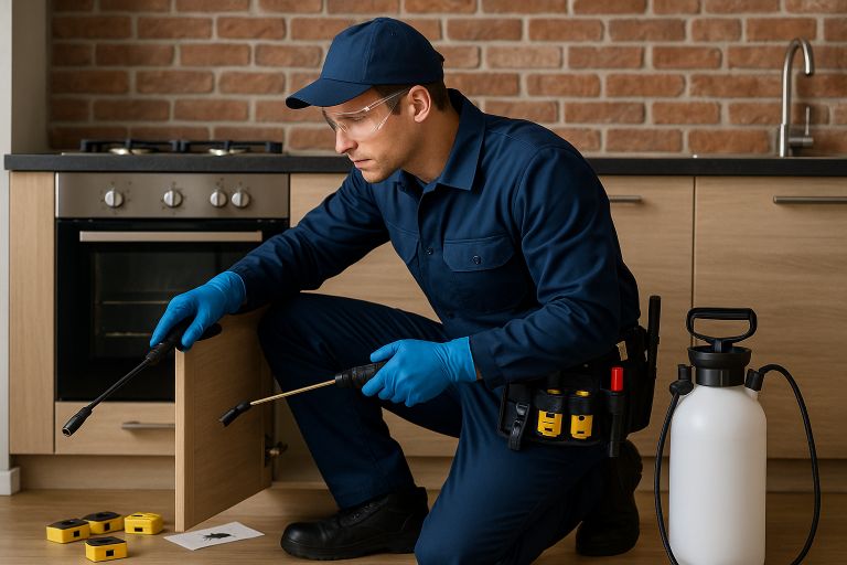 exterminator preparing his tools.