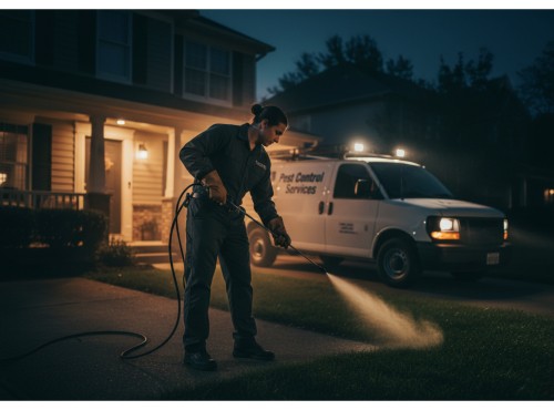 A pest control technician using a high-pressure pest sprayer to treat a driveway at night.