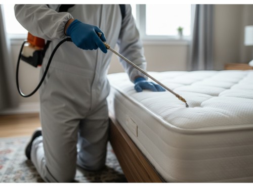 A pest control professional treating a mattress for bed bugs