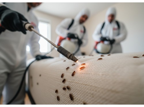 Pest control professionals performing a heat treatment to eliminate bed bugs from a mattress