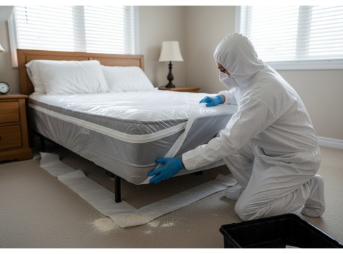 A pest control technician in a protective suit performing pest control on a mattress to eliminate bed bugs.