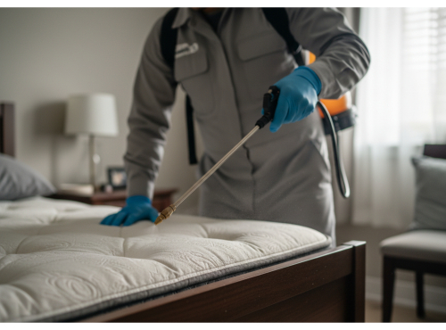 A pest control professional treating a mattress for bed bugs