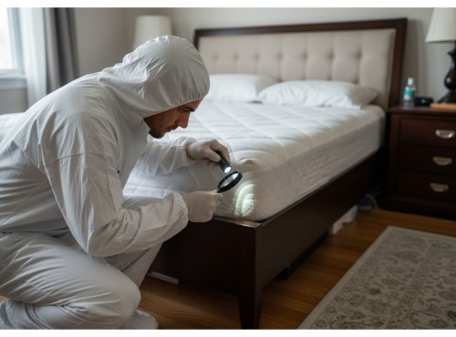 A pest control professional inspecting a mattress for bed bugs