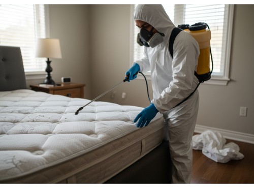 A licensed pest control technician in protective gear applies a regulated chemical treatment to a mattress as part of an infestation management procedure.