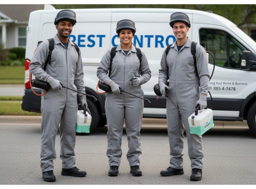 Three people who are employees of a pest control company