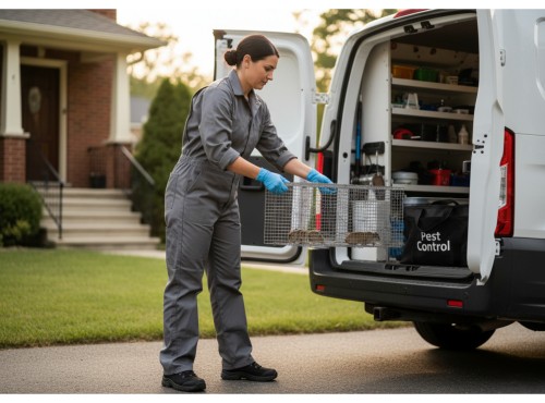 A female pest control technician loading a cage trap containing mice into a service van