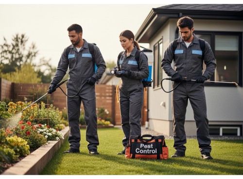 A team of pest control technicians working in a residential yard