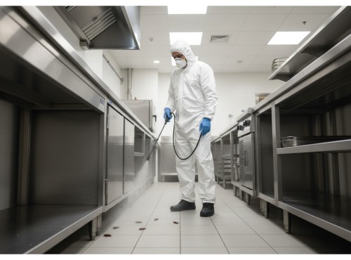 A person in a protective suit and mask performing cockroach control in a commercial kitchen.