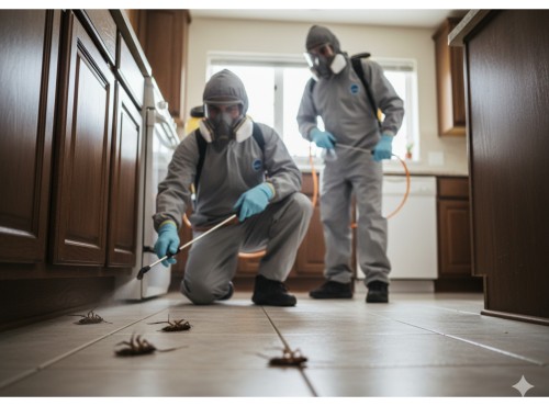 Pest control professionals wearing protective gear and treating a kitchen floor for cockroaches