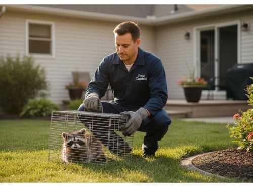 A professional pest control technician with a trapped raccoon.