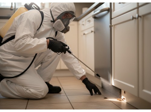 A pest control technician applying a treatment to a kitchen area where cockroaches are visible.
