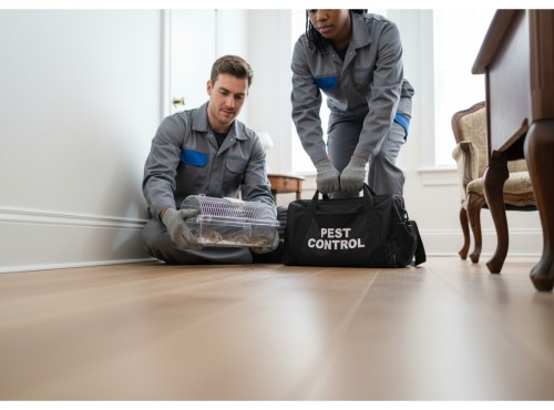 Two pest control technicians indoors, one holding a cage trap with captured rodents.