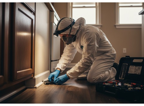 A pest control specialist in a protective suit setting up a trap and examining the base of a kitchen cabinet.