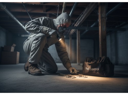 A pest control professional setting snap traps in what appears to be a basement or crawl space.