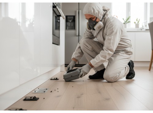 Pest control professional checking rodent traps and droppings.