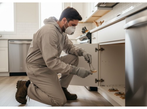 A pest control technician setting traps in a kitchen cabinet.