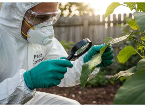Professional providing pest control services in a protective suit inspecting plant leaves with a magnifying glass.