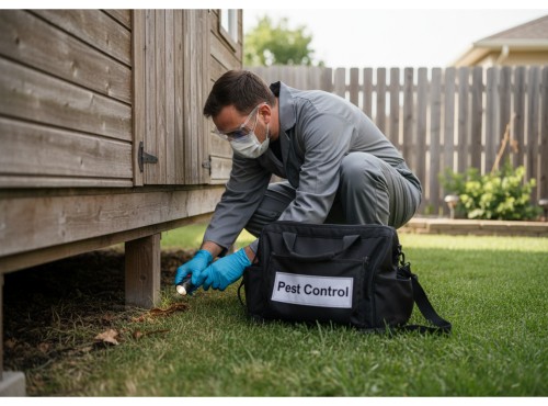 A pest control technician inspecting the exterior of a building