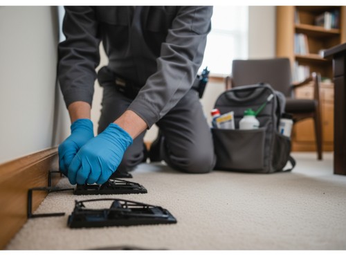 A pest control technician setting up rodent traps