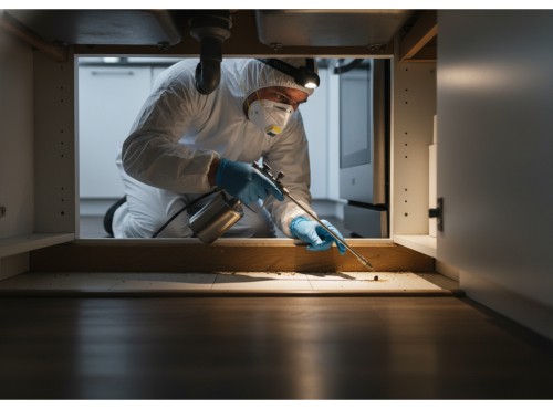 a pest control worker performing an inspection under a kitchen sink.