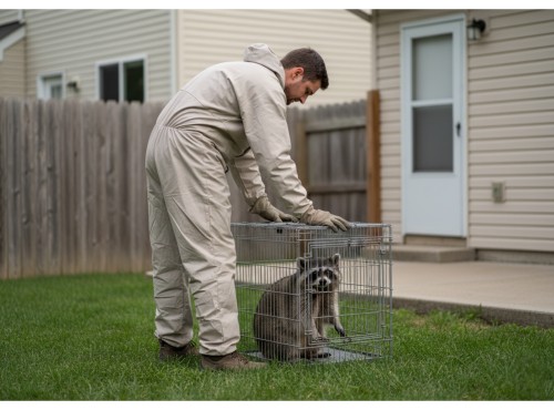 A professional in a protective suit handling a raccoon caught in a live trap in a residential backyard.