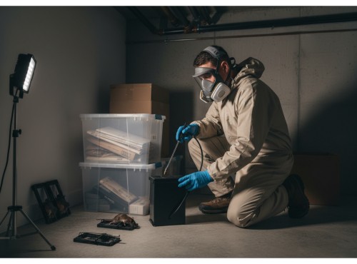 pest control technician wearing a respirator mask and protective suit while treating a rodent problem in a basement.