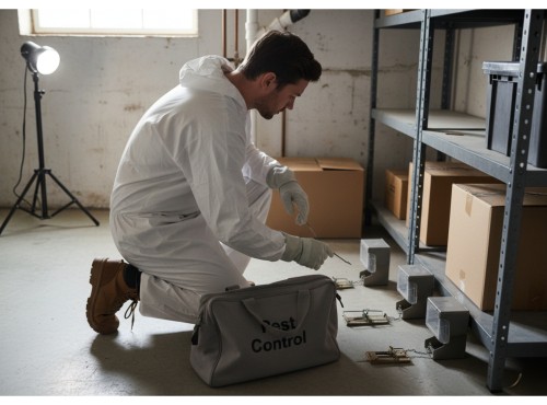 pest control technician working in a storage area.