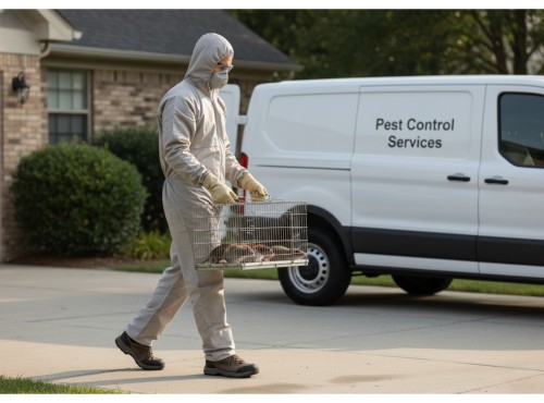 A pest control professional carrying a cage with what appear to be trapped rats.