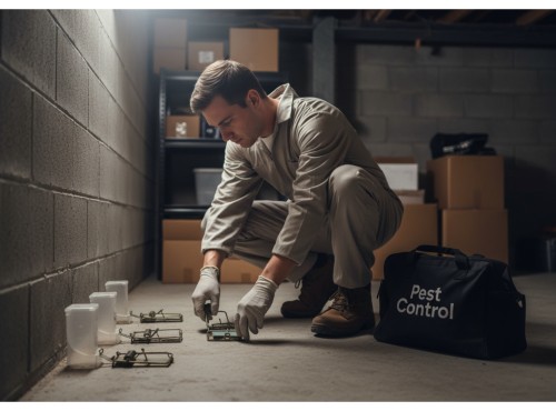 A pest control technician setting up traps in a basement or storage area.
