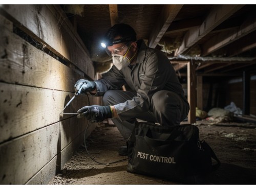 A pest control professional conducting an inspection, likely for termites or other pests, in a crawl space under a house.