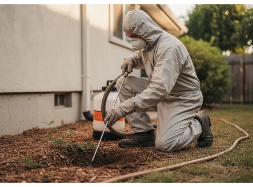 A pest control technician applying a termite treatment around the foundation of a building.