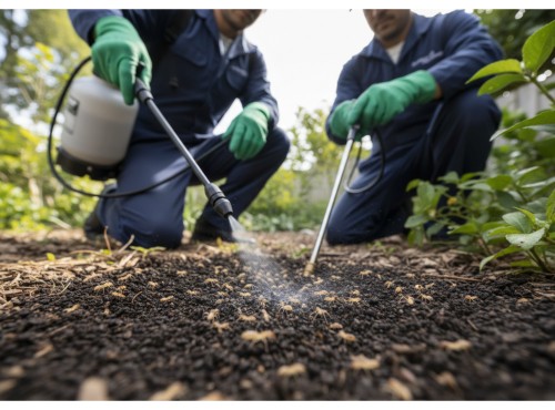 Two pest control workers applying a treatment to the ground