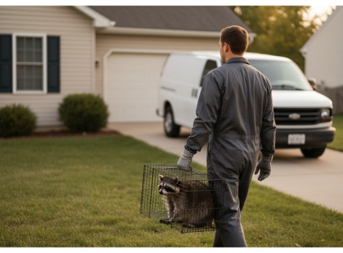 a wildlife control professional carrying a raccoon in a live trap cage.