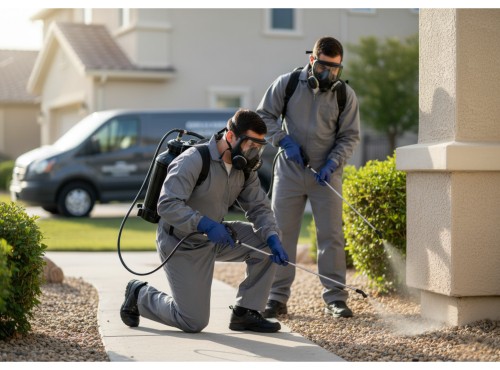 Two pest control technicians applying a treatment around the perimeter of a house.