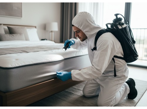 A pest control professional inspecting a mattress for bed bugs