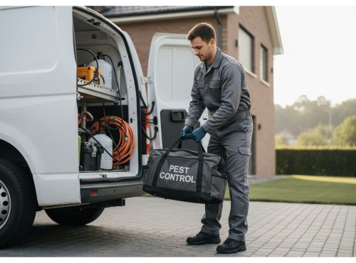 A pest control technician loads a labeled equipment bag into a service van.