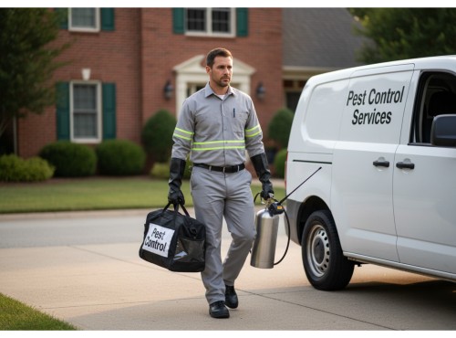 A pest control technician in uniform walks from a service van carrying equipment and supplies